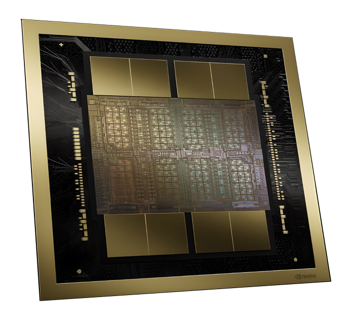 Primer plano de un chip de IA con vías de color naranja brillante en una placa de circuito.