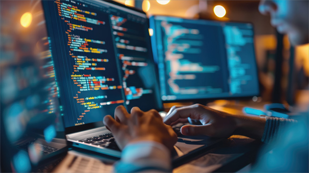Persona escribiendo en una computadora portátil, rodeada de monitores que muestran códigos coloridos.
