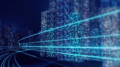 Paisaje urbano digital futurista con luces azules y flujos de datos que evocan innovación.