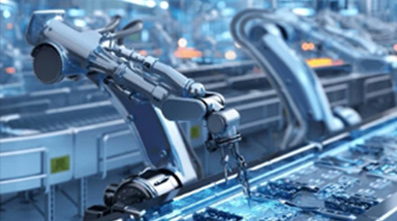 Brazos robóticos ensamblan componentes electrónicos en un transportador en una fábrica de alta tecnología.