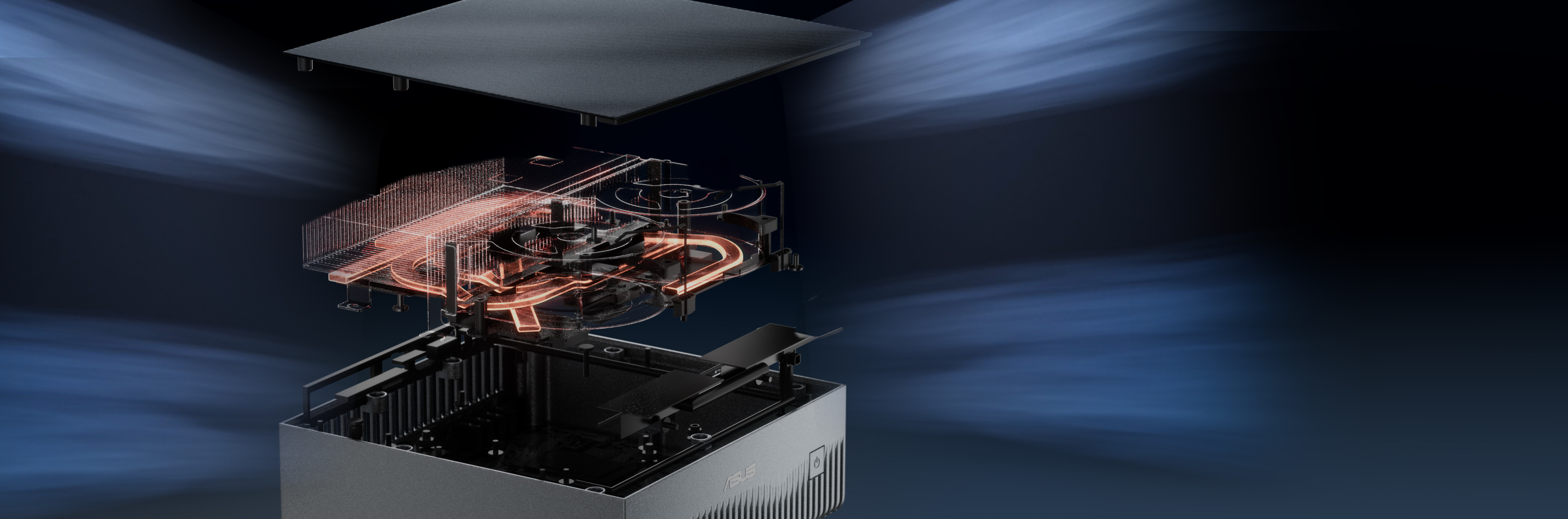 Diseño térmico del ASUS Ascent GX10 que presenta dos ventiladores y un flujo de aire eficiente